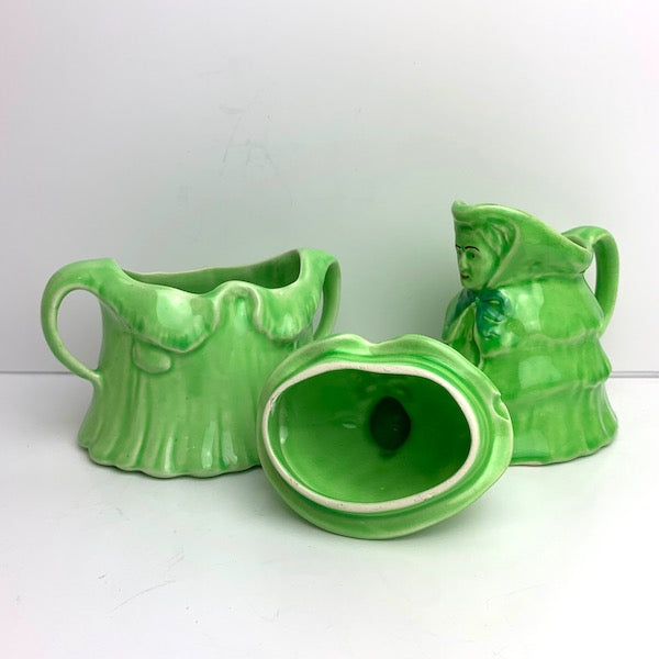 Vintage Cream and Sugar Green Old Lady Porcelain