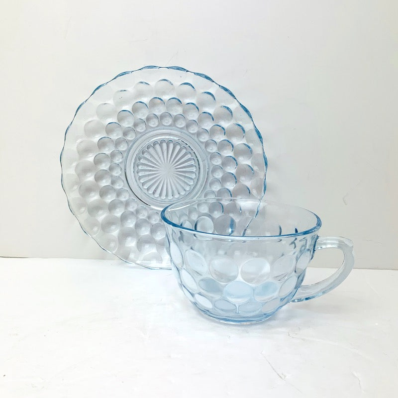 Bubble Glass Teacup and Saucer by Hocking Glass Company in Pale Blue