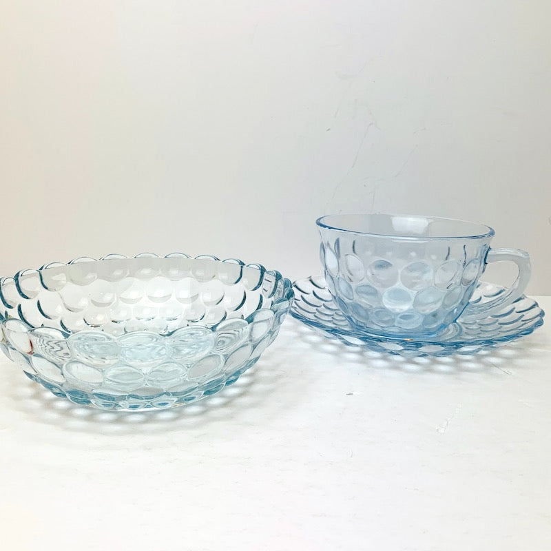 Anchor Hocking Glass BUBBLE Light Blue Cup & Saucer Depression Glassware
