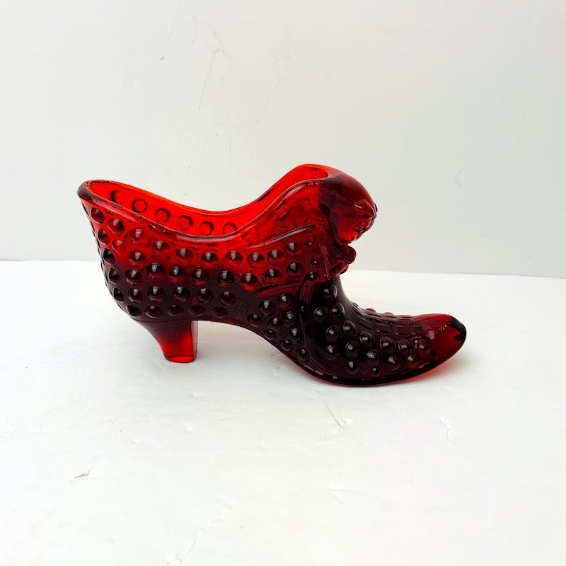 Fenton Glass Shoe in a Deep Red Hobnail Pattern