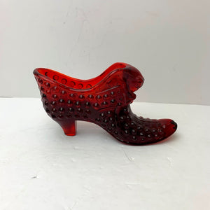 Fenton Glass Shoe in a Deep Red Hobnail Pattern