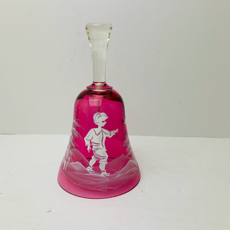 Glass Bell Vintage Mary Gregory Style Cranberry Glass with White Painted Boy Walking Design