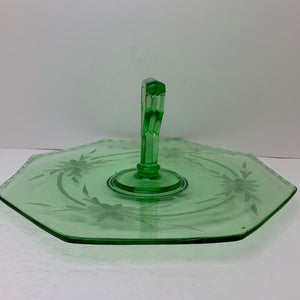 Depression Glass Green Centre handled Serving Dish with Etched Floral Pattern Octoganal Shape