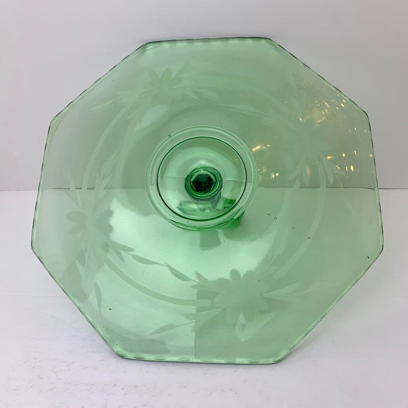 Depression Glass Green Centre handled Serving Dish with Etched Floral Pattern Octoganal Shape