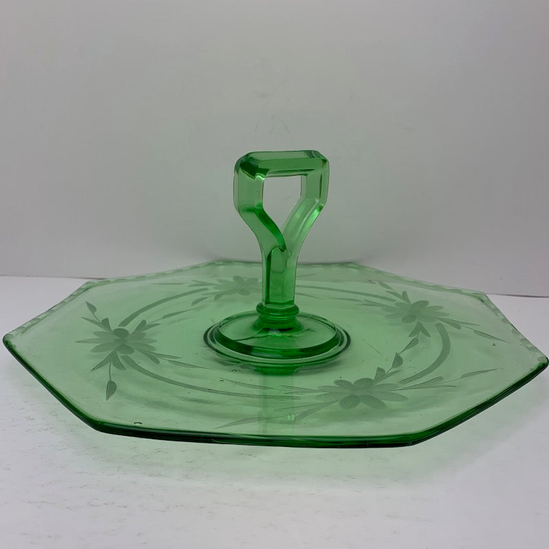 Depression Glass Green Centre handled Serving Dish with Etched Floral Pattern Octoganal Shape