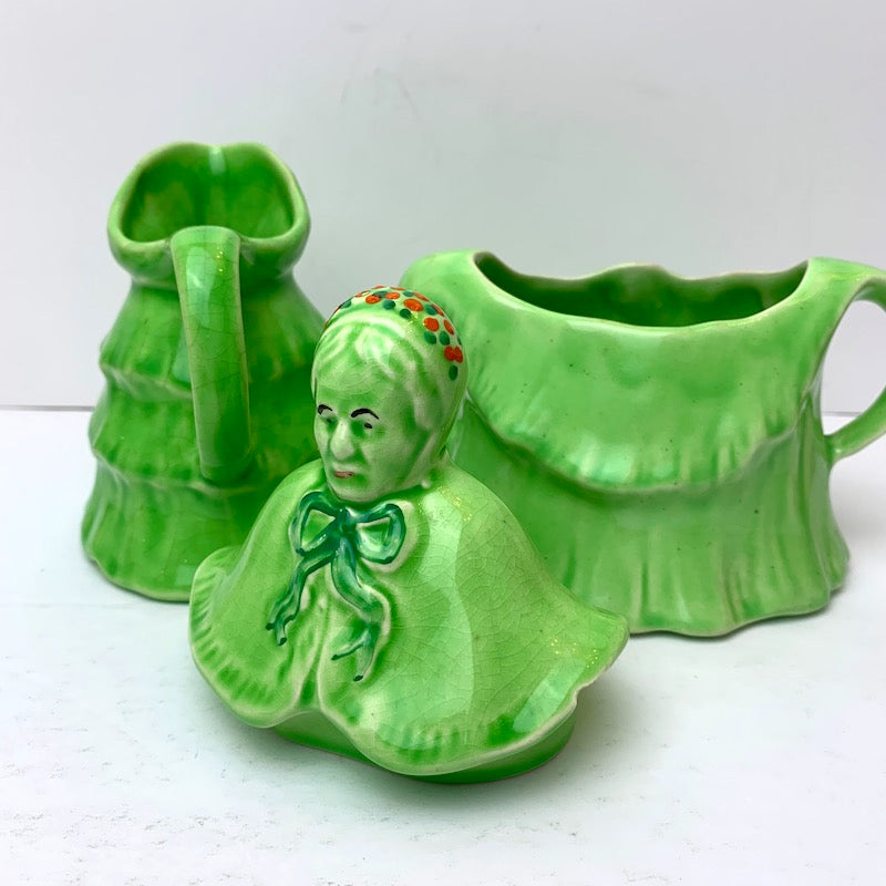 Vintage Cream and Sugar Green Old Lady Porcelain