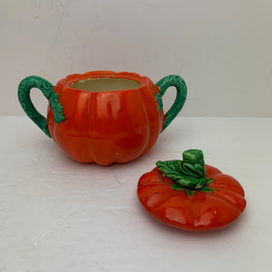 Occupied Japan Rare Bright Orange Tomato Shaped Creamer, Sugar and Tray, Maruhon Ware