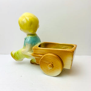 Planter Little Blond Boy Pulling Cart