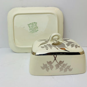 Porcelain Butter Dish Cream Coloured Ground with Silver Leaf Design by Sandland Ware, England Vintage